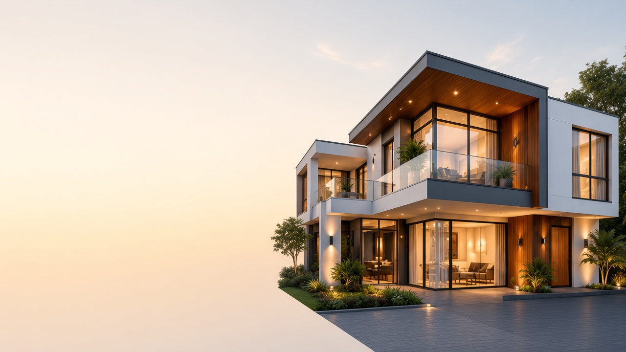Modern two-story house at dusk
